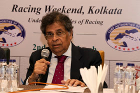 Chairman of RWITC Sudipto Sarkar briefing the Media about the highlights of the Invitation Cup weekend races  that will be held at Kolkata on Saturday and Sunday.