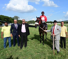 Dr Cyrus Poonawalla (right), S R Sanas, trainer Sulaiman Attaollahi leading in Tehani after the filly won the KROA Mysore 1000 Guineas, the first classic of the season at Mysore on Friday.