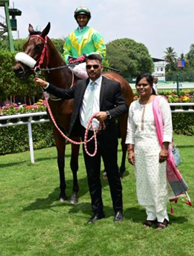 Venus (K G Likith Appu up) winner of the Lady Gibraltar Plate, being led in by trainer Neil Darashah on Sunday racecs at Bangalore.